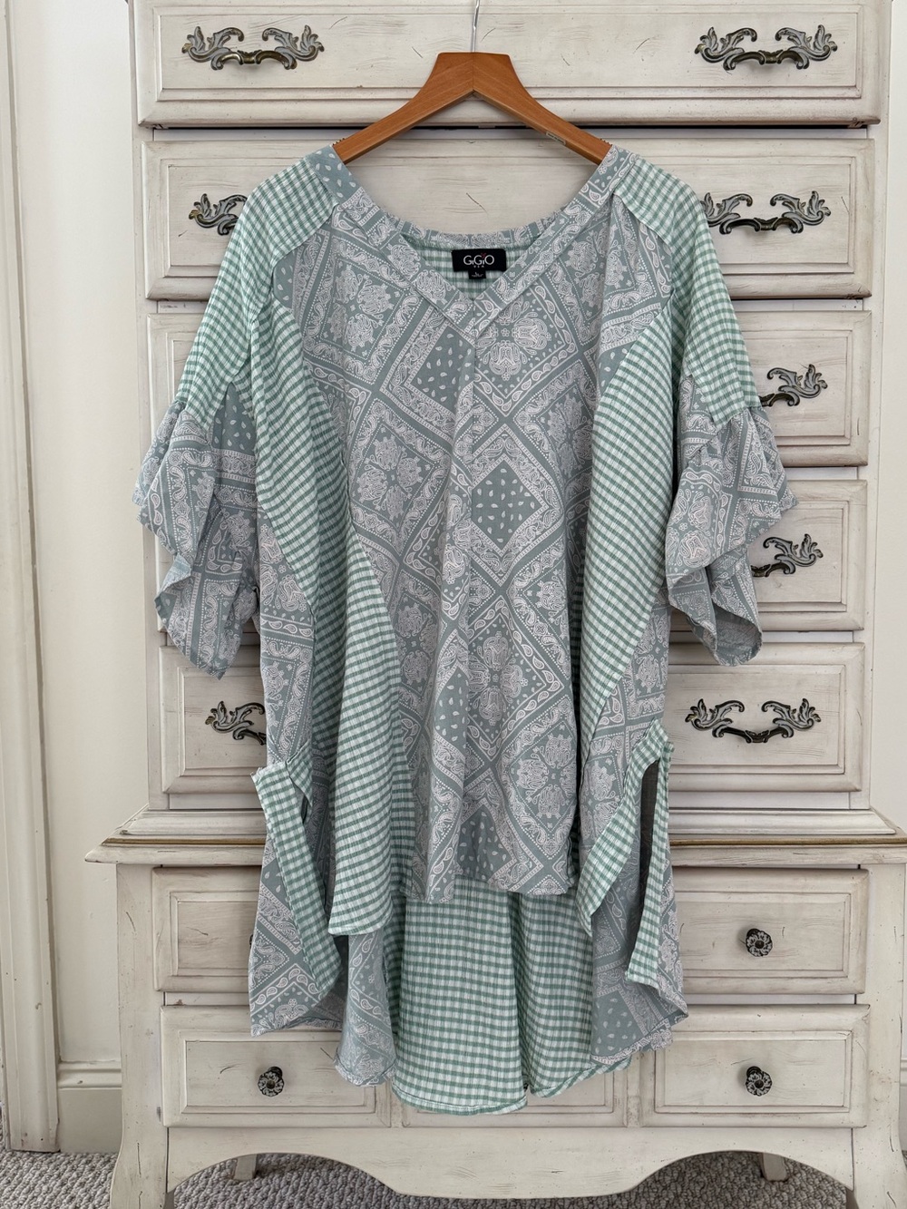 Vici Mint Green & Light Gray Patchwork Boho Top
